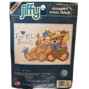 Jiffy Stamped Cross Stitch Kit True Blue Friends Teddy Bears 7x5 Needlecraft New